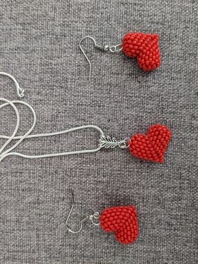 Red Beaded Heart Necklace - Handmade Womens Pendant